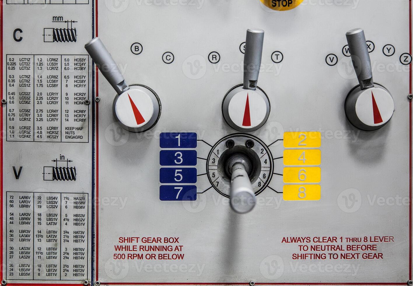 A control panel with various levers, dials, and detailed settings for gear shifting and threading. photo