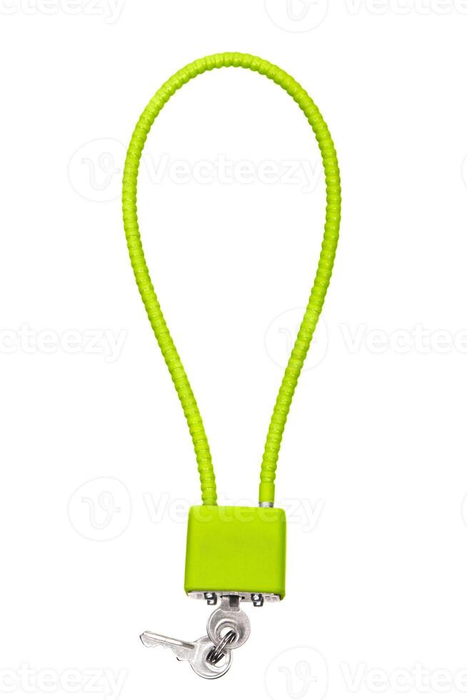 Bright green cable lock with keys, isolated on white background, ideal for securing bicycles or other valuables, durable and vibrant design photo