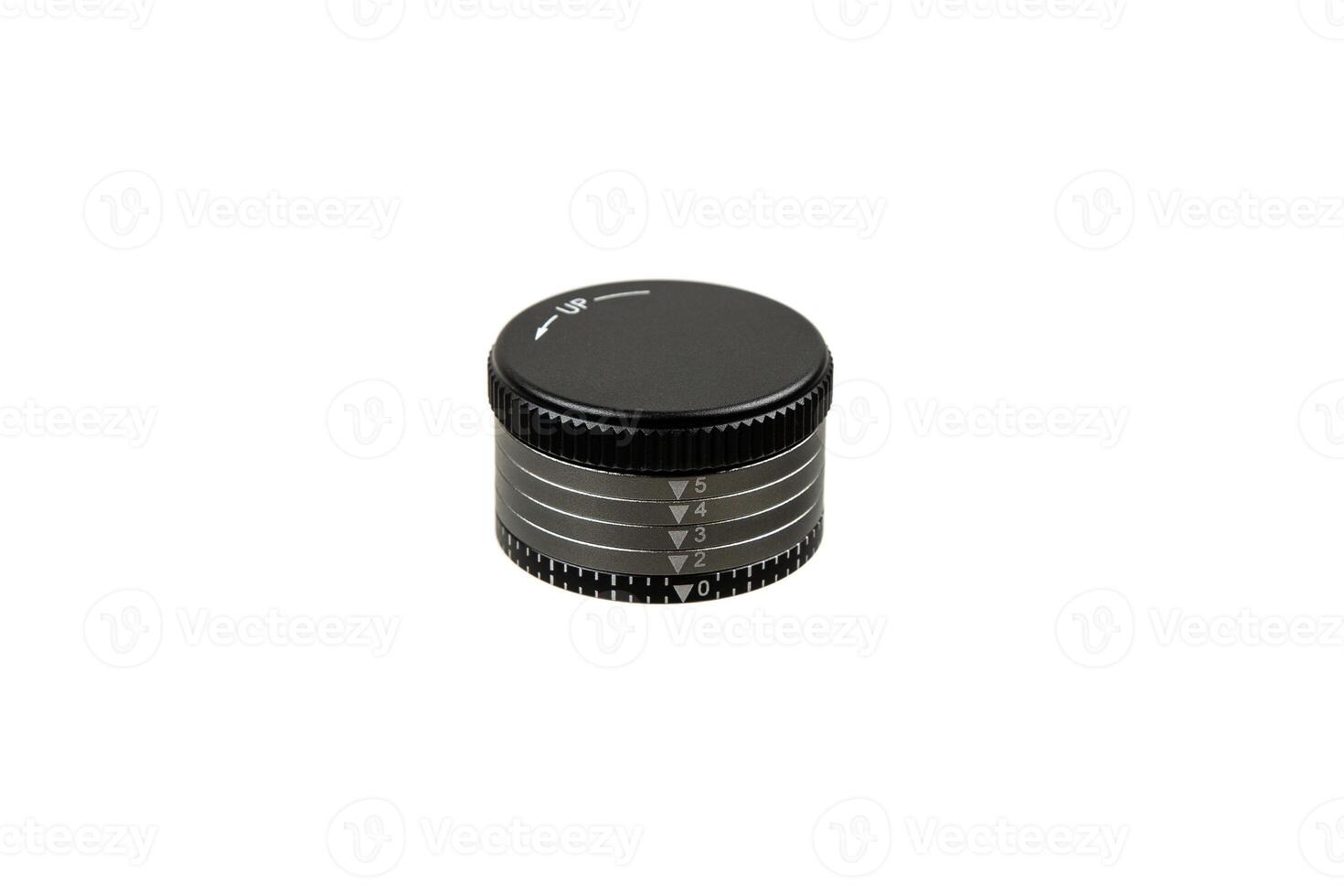 Set of black adjustment rings for an optical sight with numbered markings and an arrow indicator, isolated on a white background photo