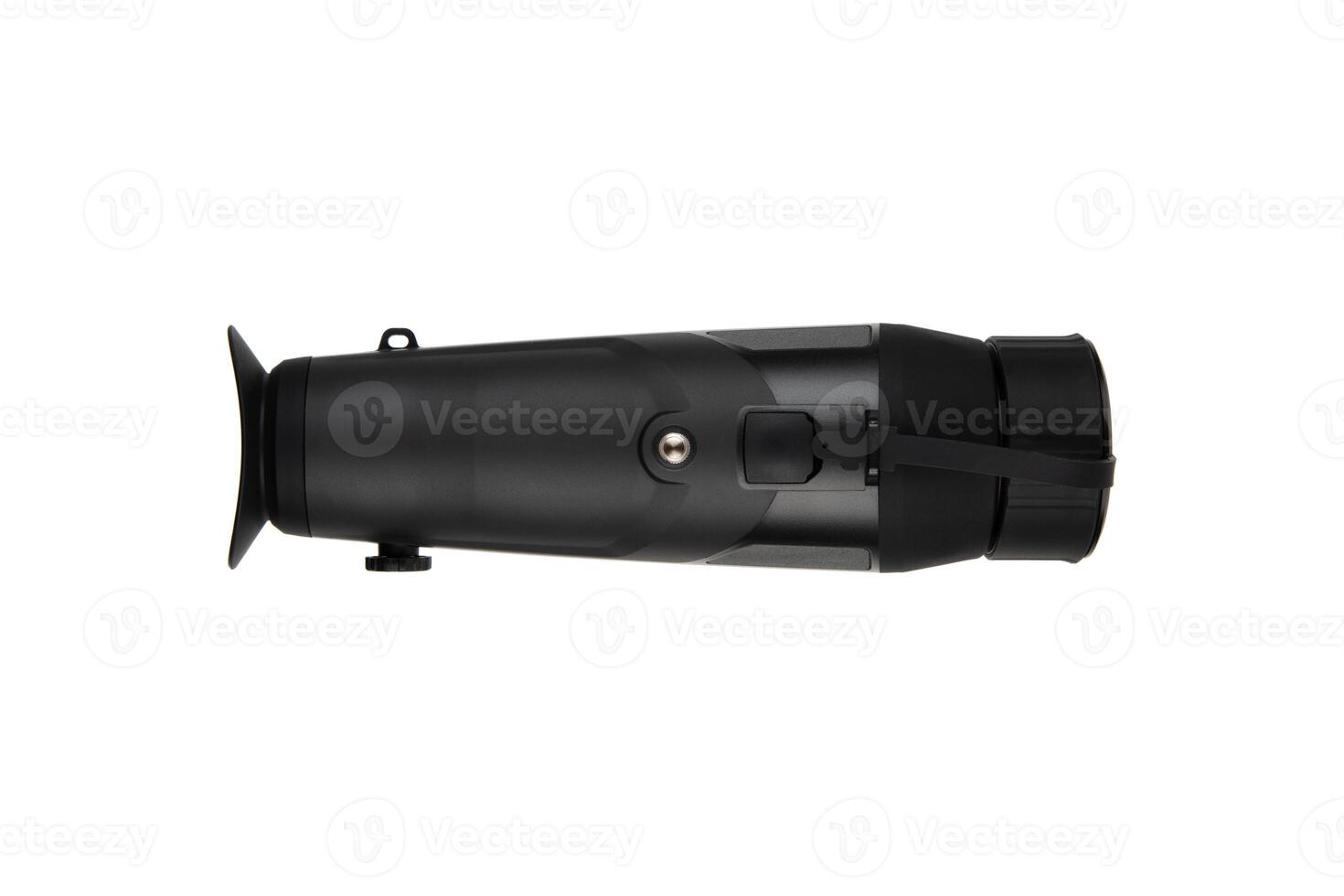 Thermal imaging monocular with lens cap, black body, multiple control buttons, and ergonomic design, ideal for night vision and outdoor activities. Isolate on white back photo