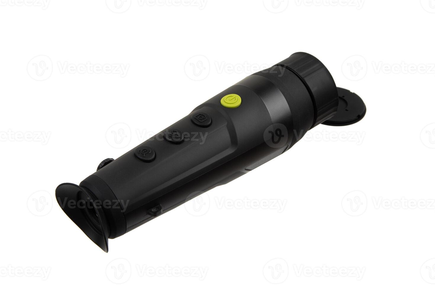 Thermal imaging monocular with lens cap, black body, multiple control buttons, and ergonomic design, ideal for night vision and outdoor activities. Isolate on white back photo