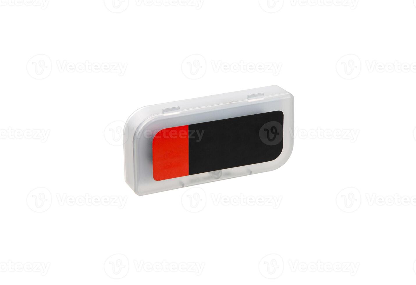 A compact, transparent plastic case suitable for storing small items, isolated on a white back. photo