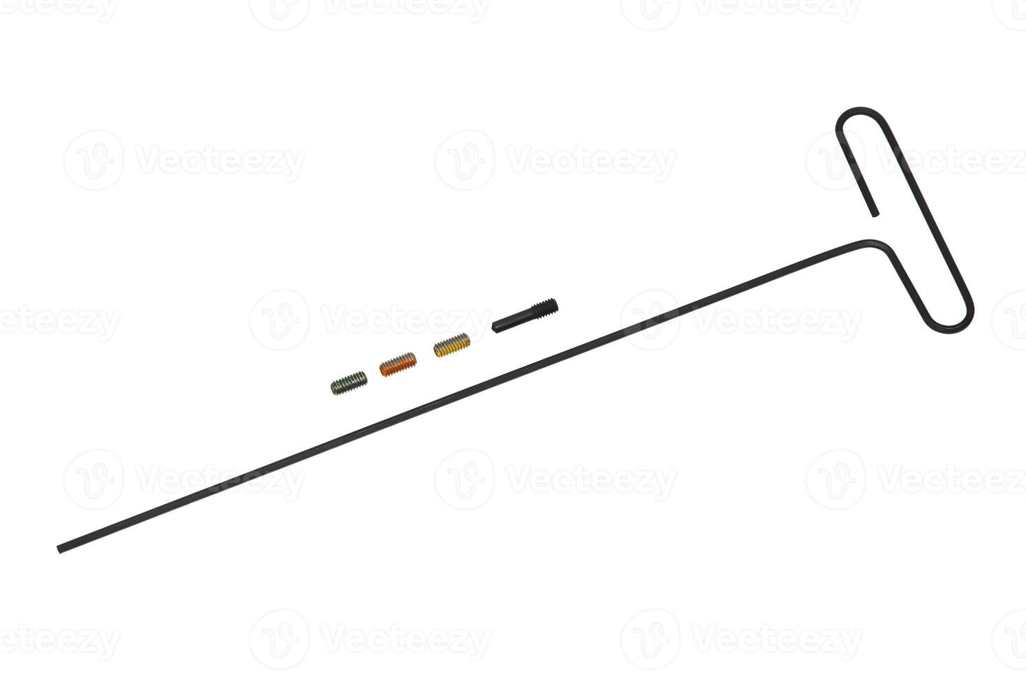 A T-handle hex key wrench with four colored threaded inserts and a black threaded insert, isolated on a white background. photo