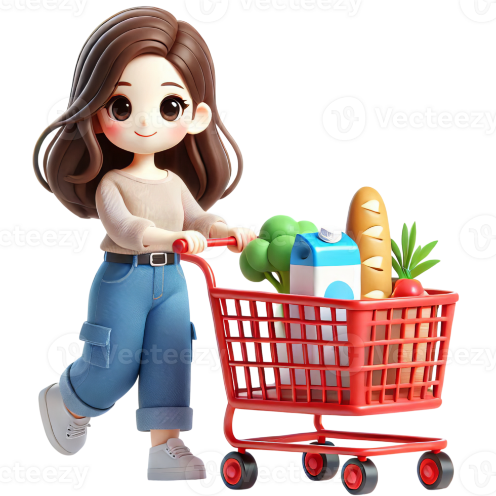 A girl pushing a shopping cart with groceries png