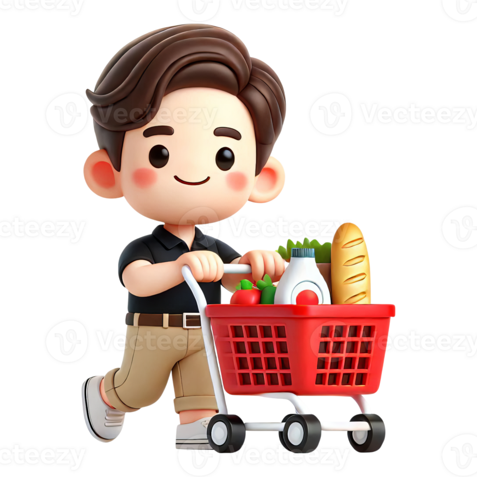A cartoon boy with a shopping cart png