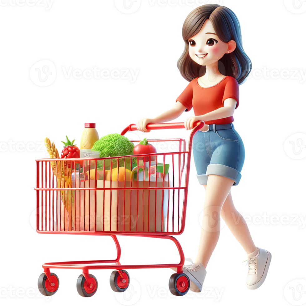 A woman pushing a shopping cart with groceries png