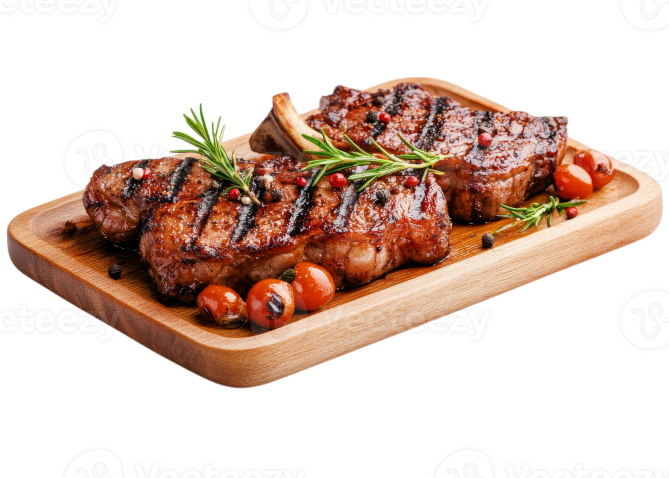Grilled steak on a wooden tray with tomatoes and rosemary png