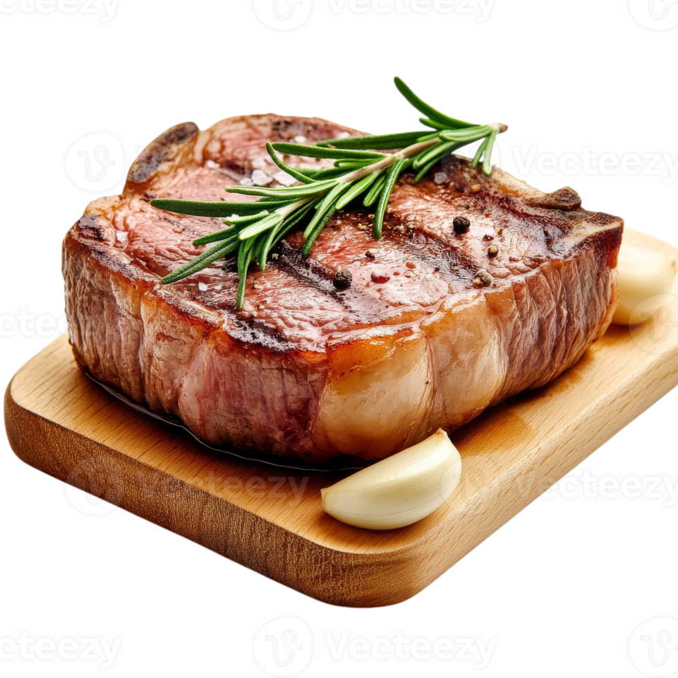 A piece of steak with garlic and rosemary on a wooden cutting board png