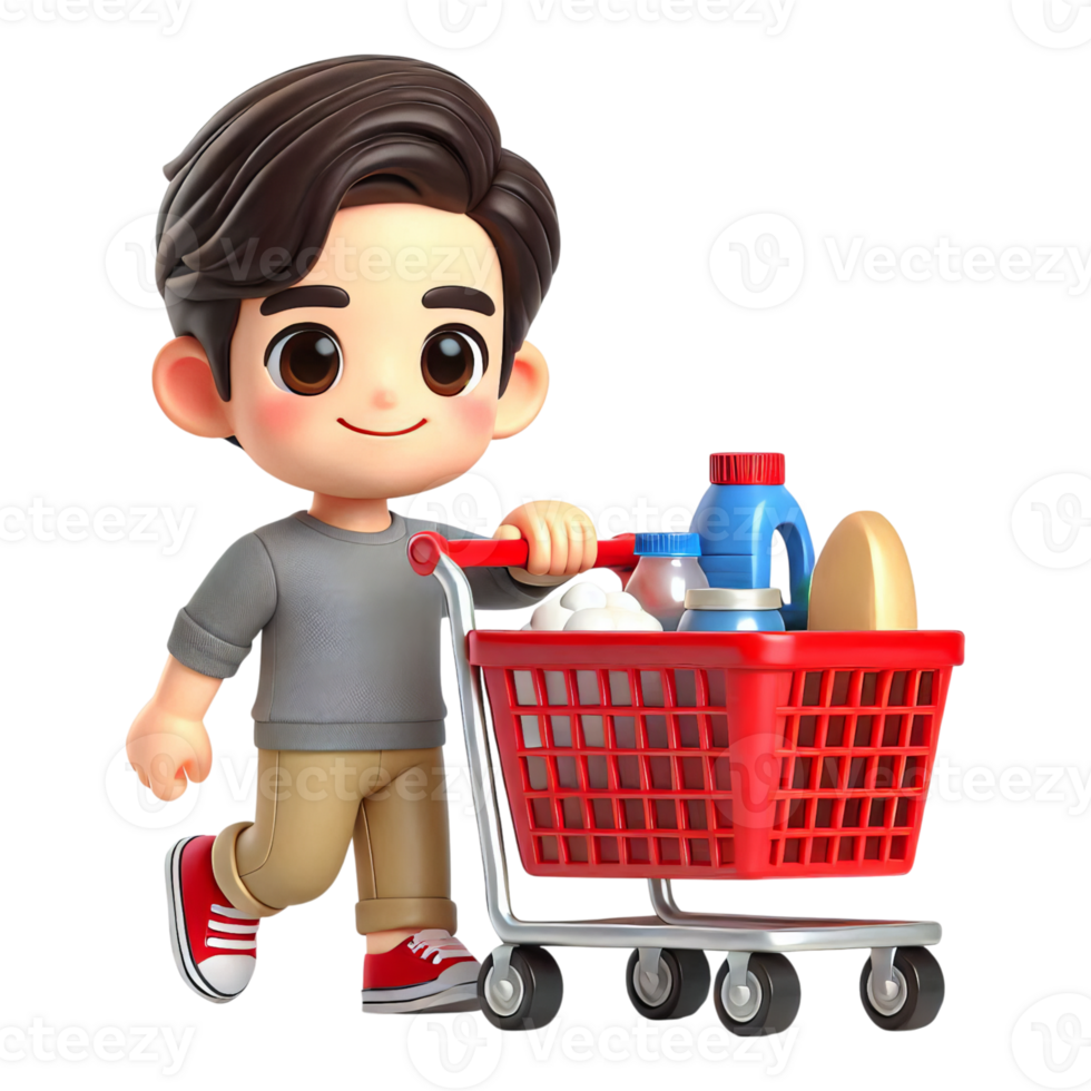 A cartoon boy pushing a shopping cart with groceries png