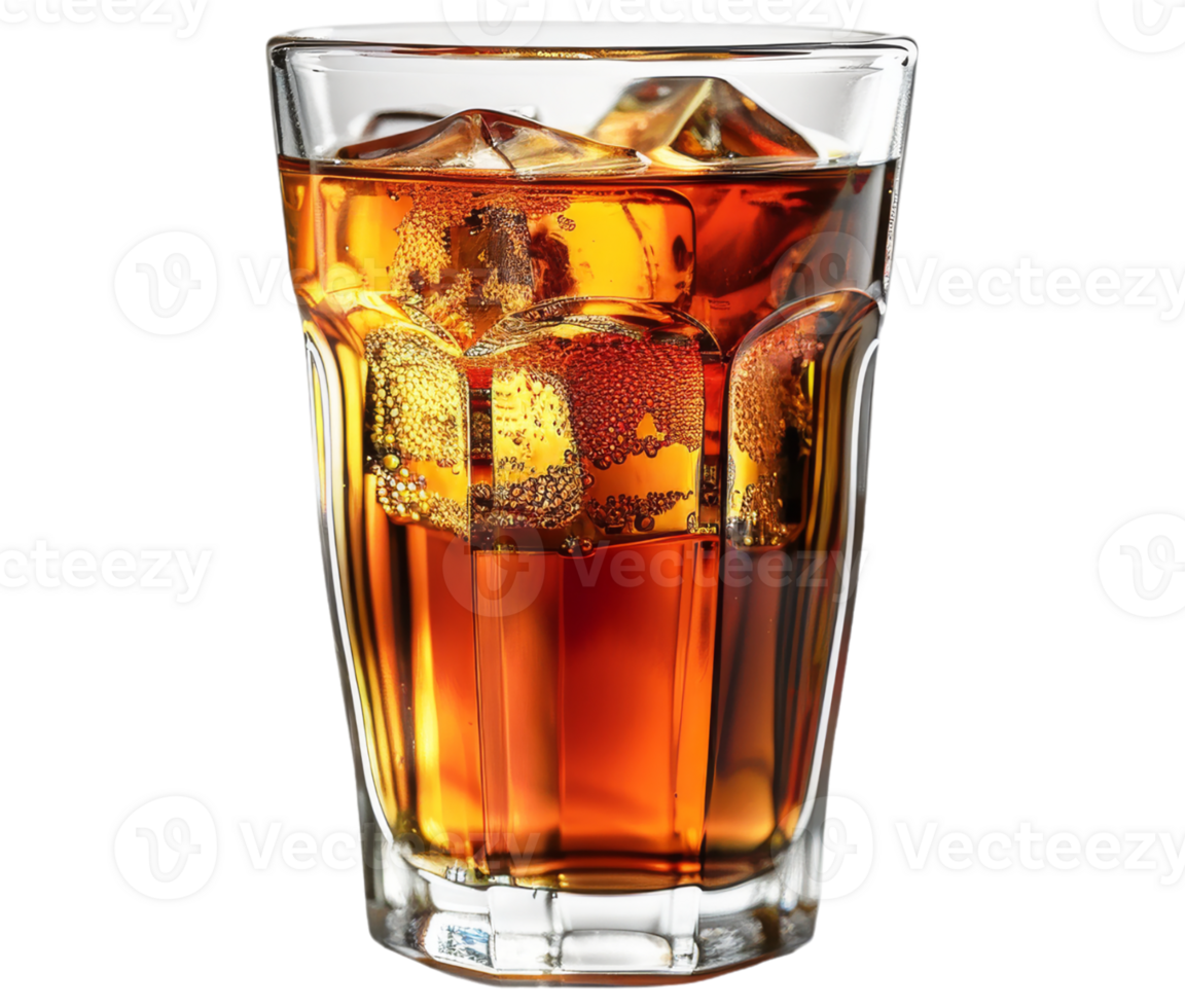 A glass of cola with ice and ice cubes png