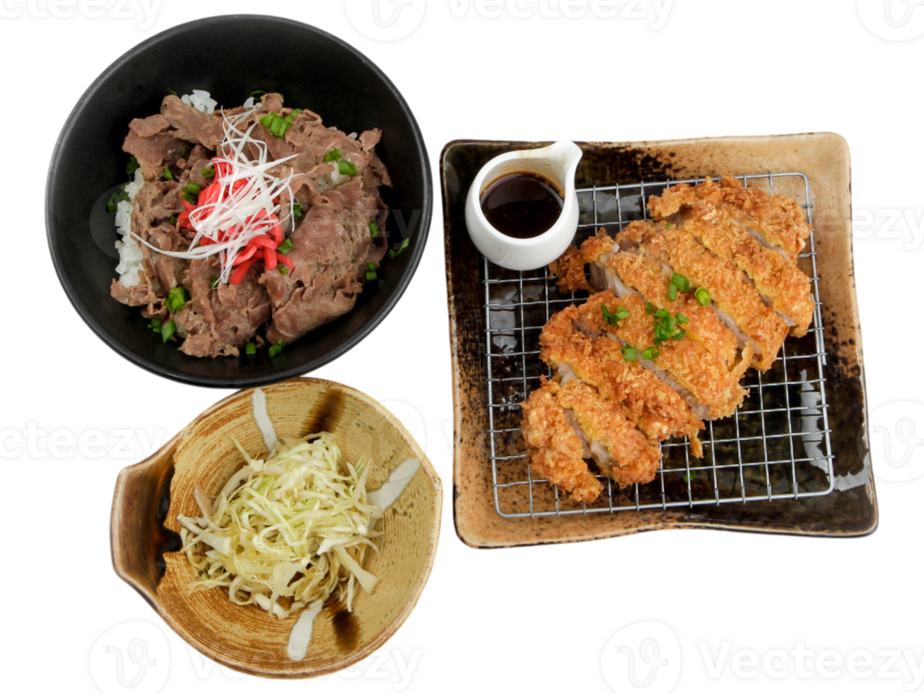 A plate with meat, rice and vegetables on it png