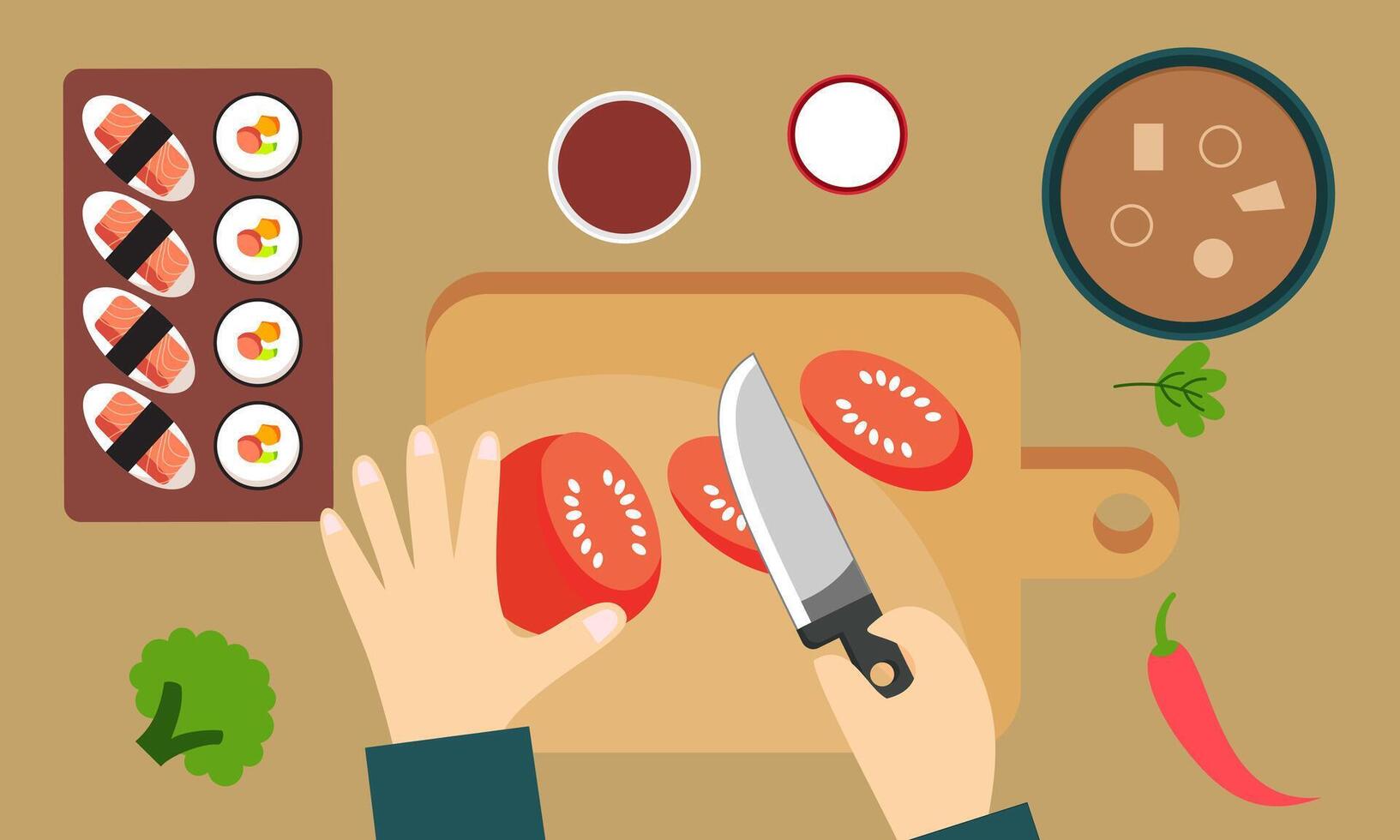Food cooking top view. Sign or poster for restaurant menu with dish cook. Chef cooking at kitchen with meal ingredients vector