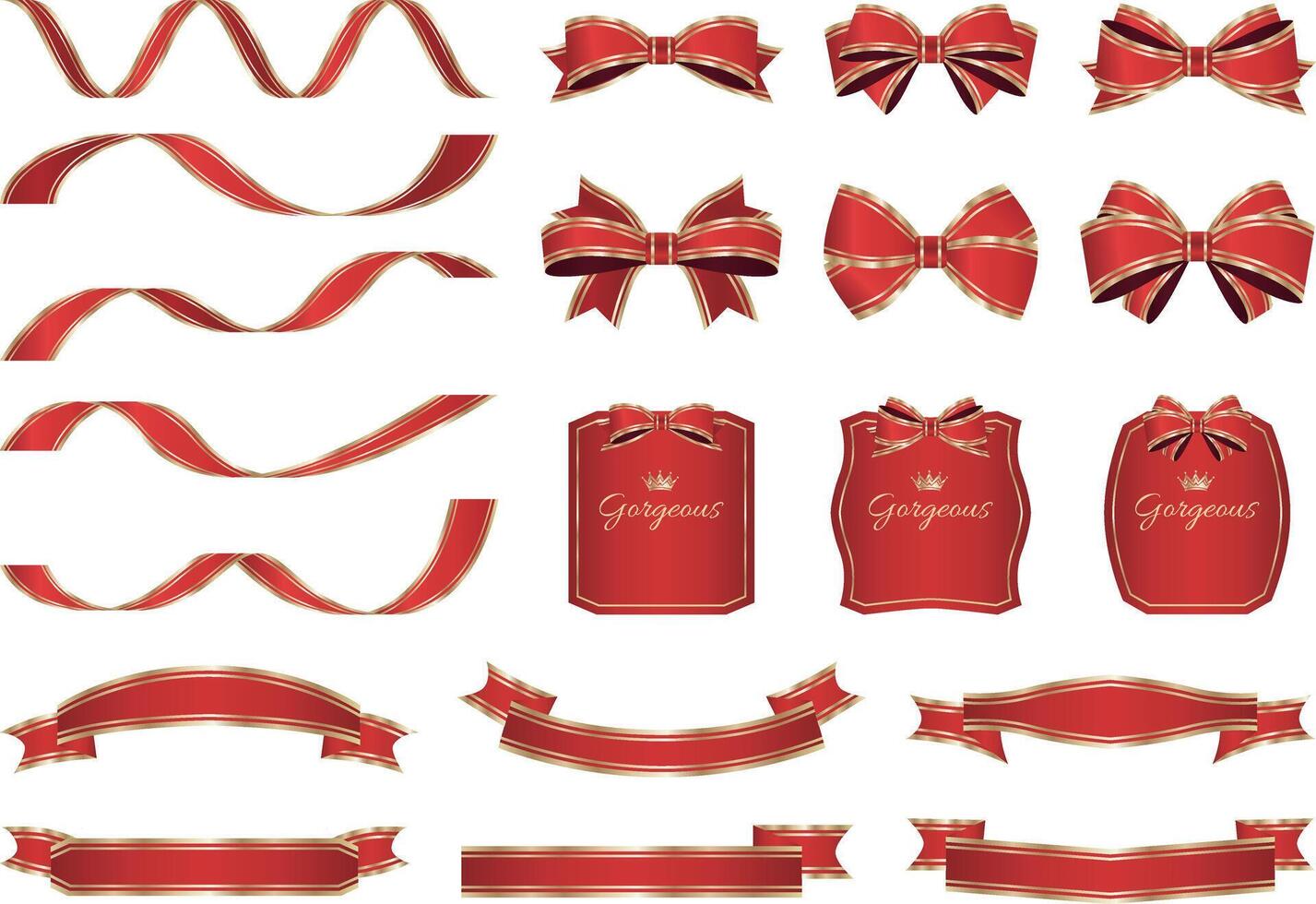 Red luxury ribbons, labels and frames and icons set vector