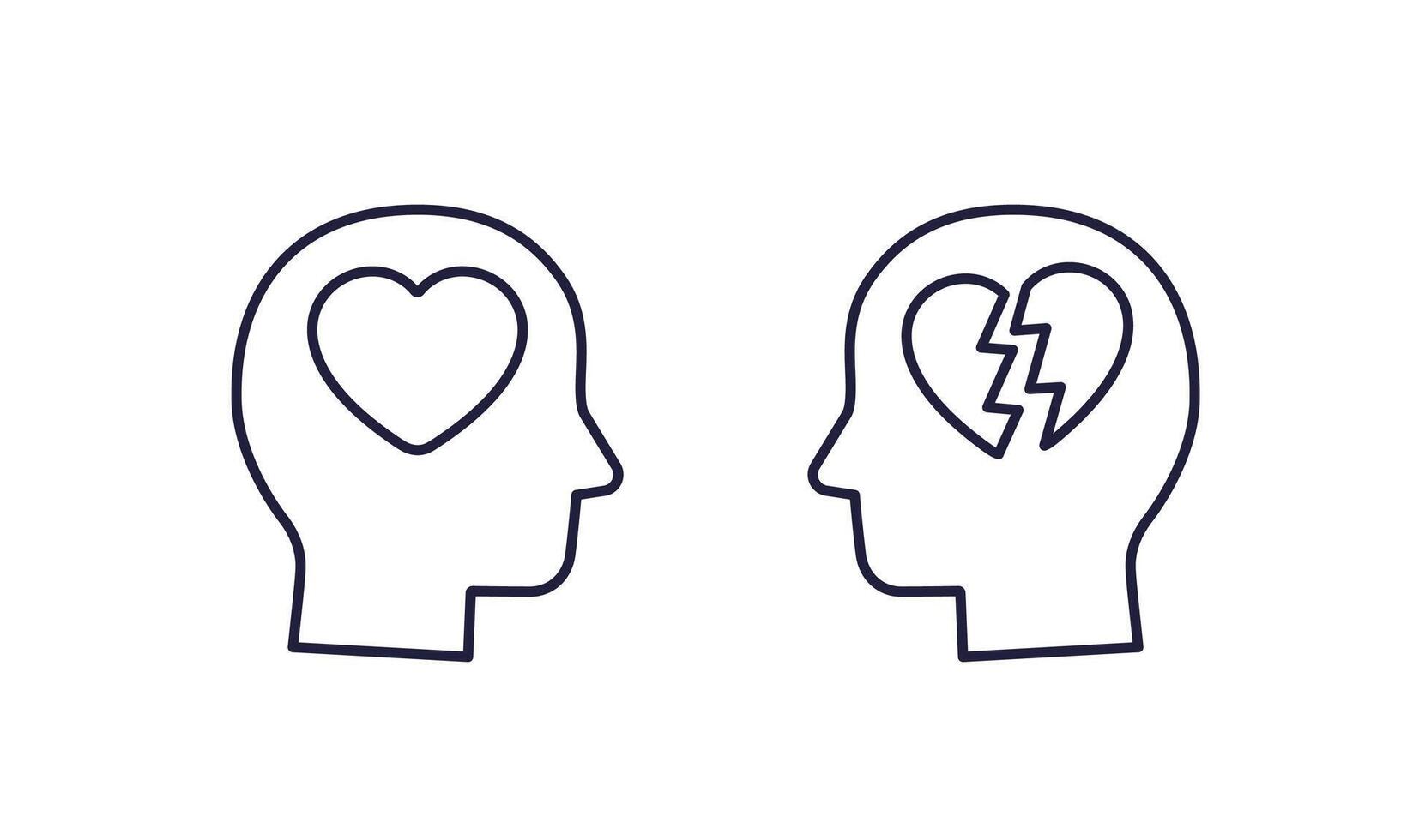Head and heart, heartbreak line icons vector