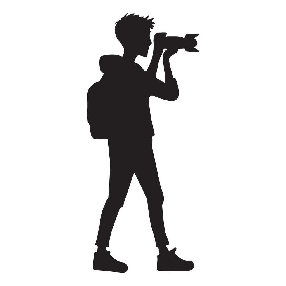 Silhouette of a Backpacker Photographer Capturing a Shot Illustration vector