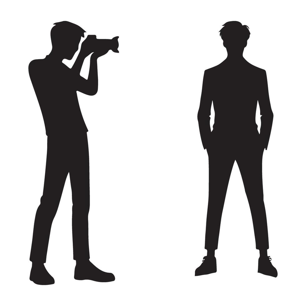 Silhouette of a Photographer and his Subject Posing for a Shot vector