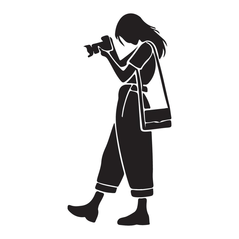 Silhouette of a Stylish Woman Photographer Walking and Shooting vector