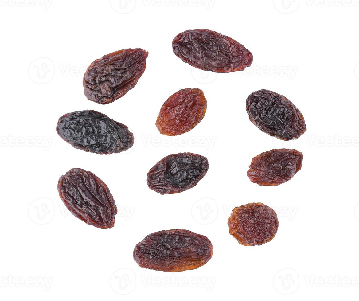 Top view of dried raisins isolated on white background. photo