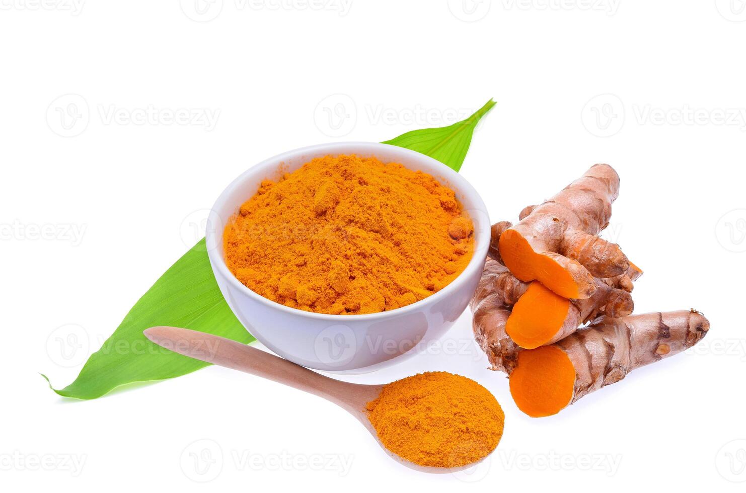 Turmeric roots and turmeric powder on white background photo
