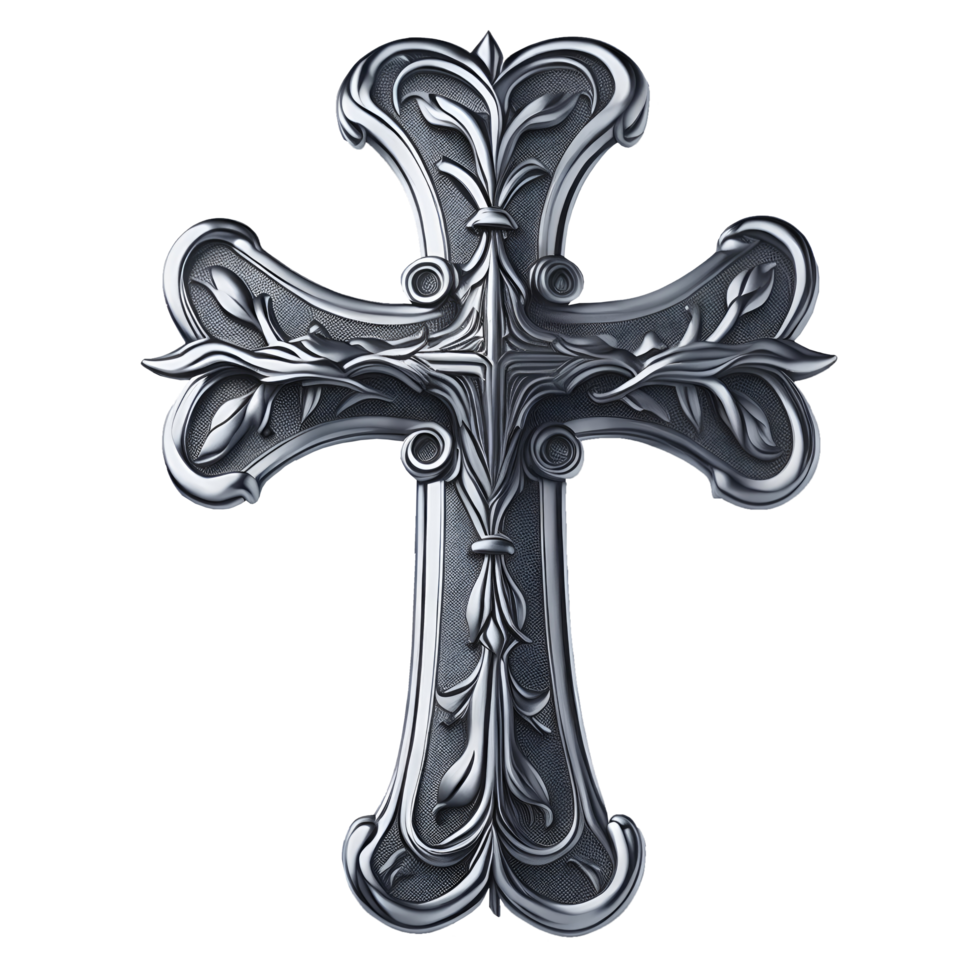 A silver cross with ornate designs on it png