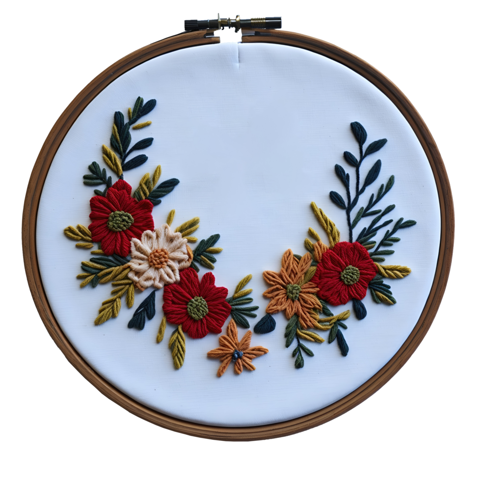 A floral embroidery hoop with a red, orange and yellow flower png