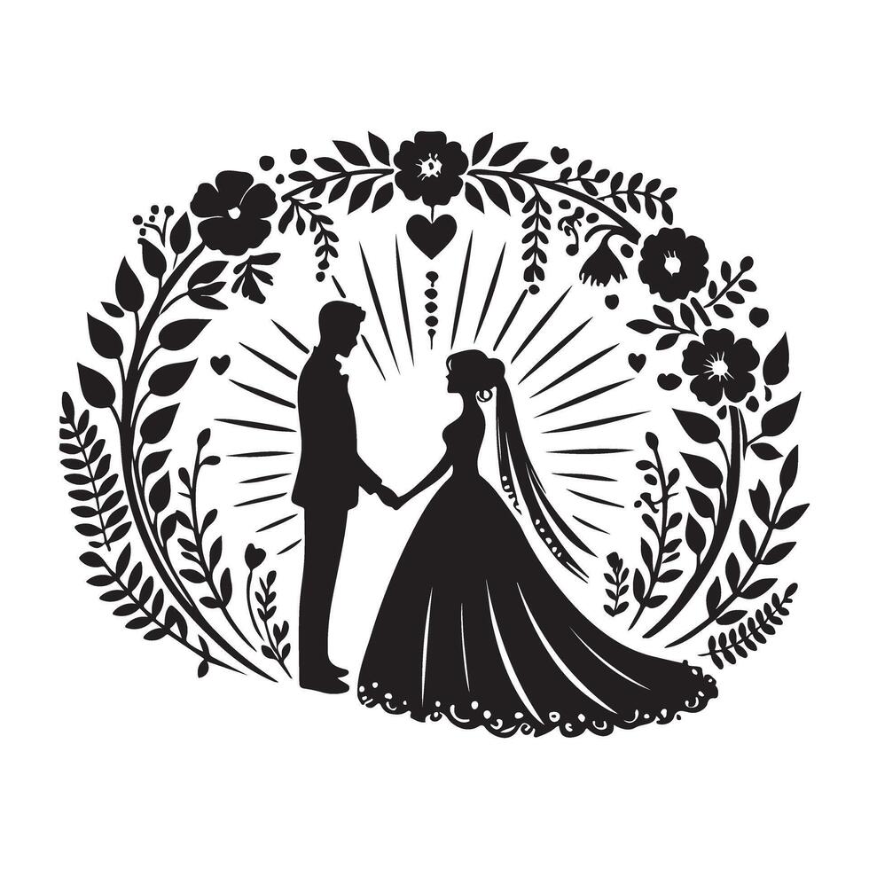 Romantic Wedding Couple Silhouette Surrounded by Floral Wreath vector