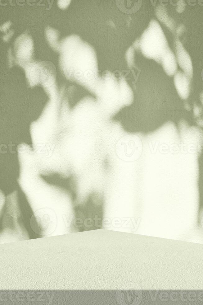Empty table with Leaves Shadow on Light Green Wall in Vertical Background photo