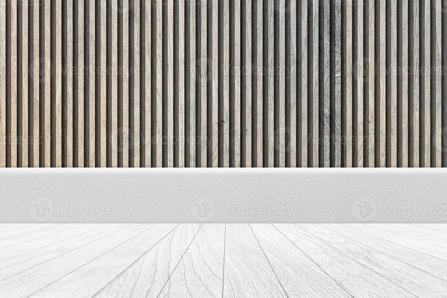 White Wooden Floor with Concrete Barrier and Wooden Stripe Wall Background photo