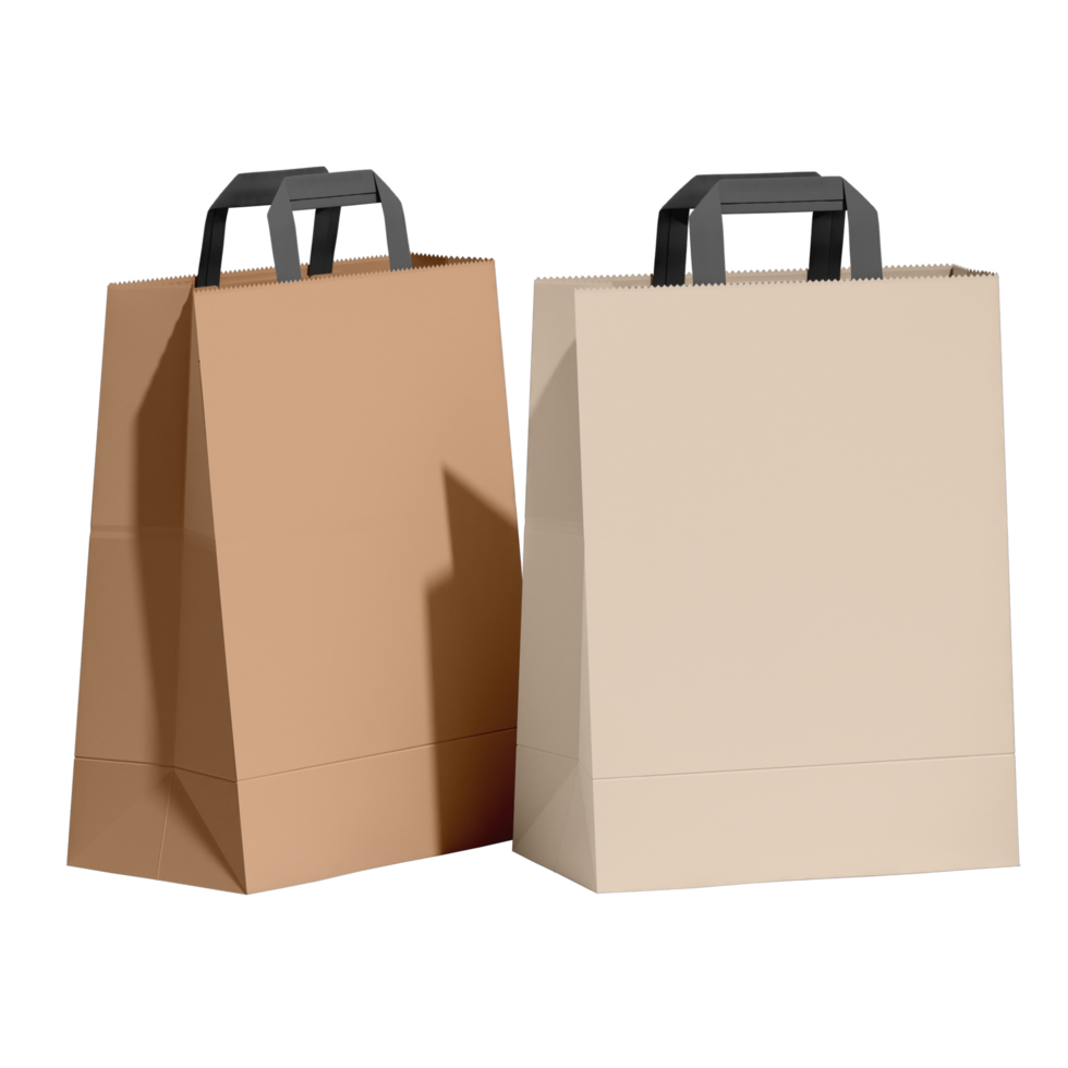 Paper bag. Kraft paper shopping bag. Brown folded paper bag with handle, Isolated trasnparent background png