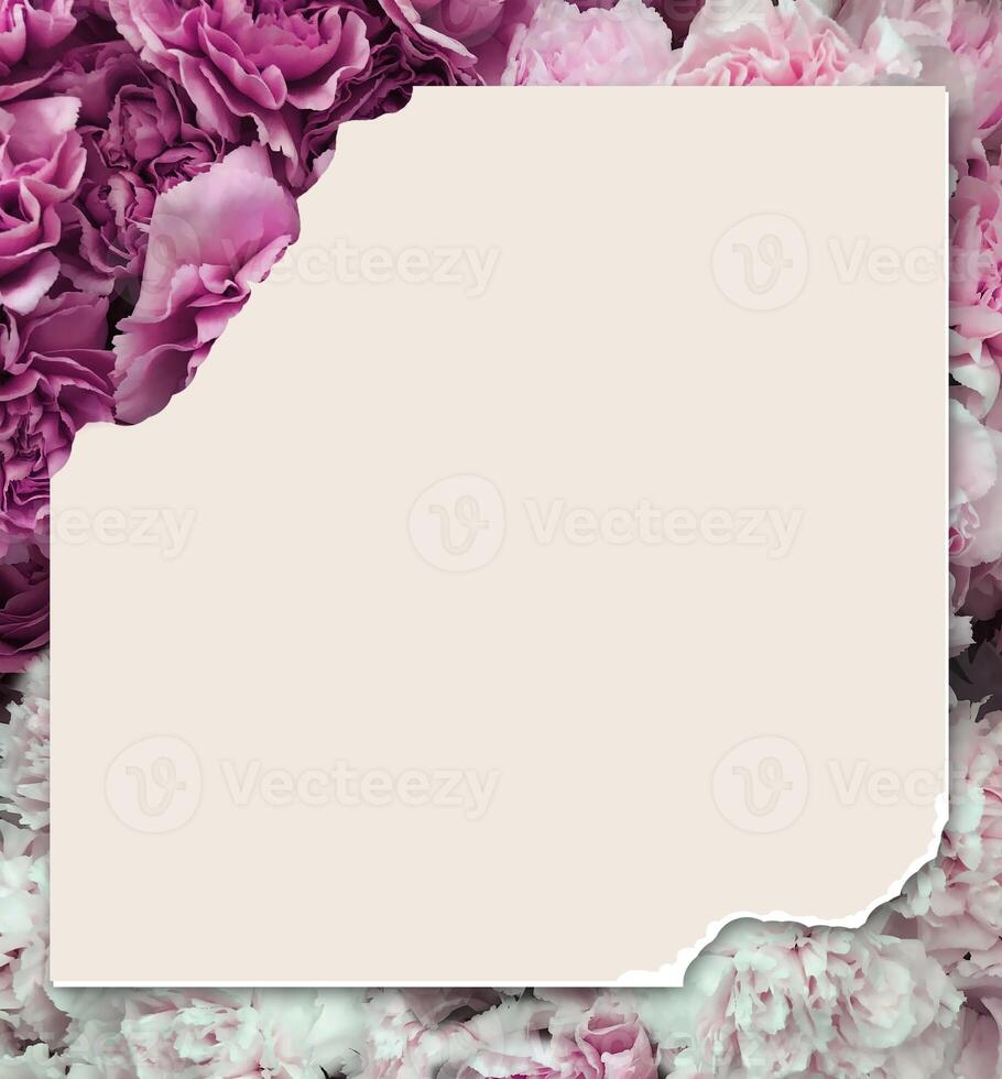 Floral background with peony flowers and blank paper for text. photo