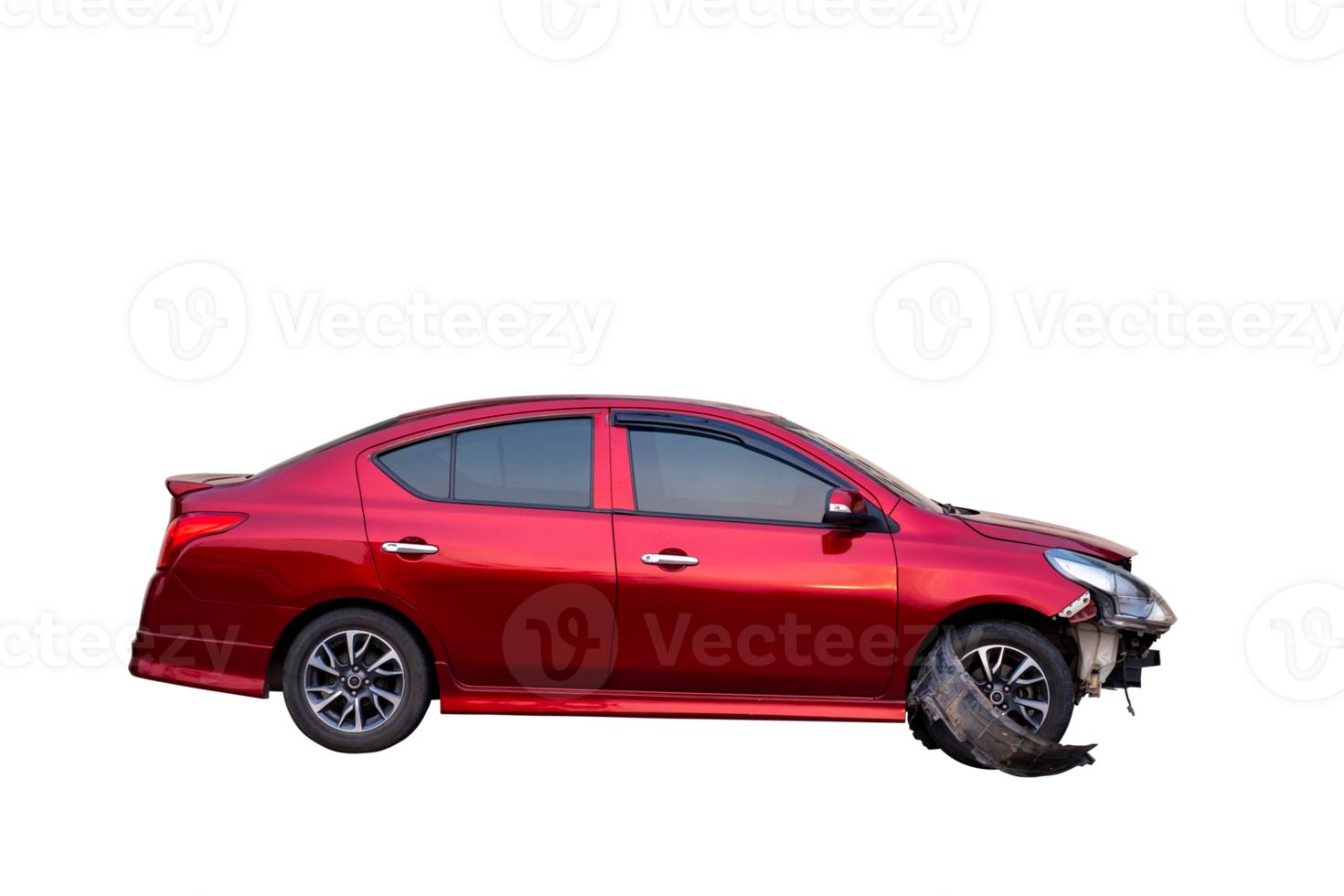 Car crash, Full body side view of red sedan car get damaged by accident on the road. damaged cars after collision. Isolated on transparent background, car crash broken, File png