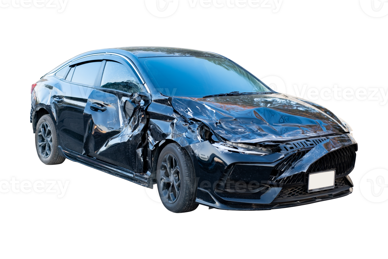 Car crash, Full body front and side view of black car get damaged by accident on the road. damaged cars after collision. Isolated on transparent background, car crash broken, File png