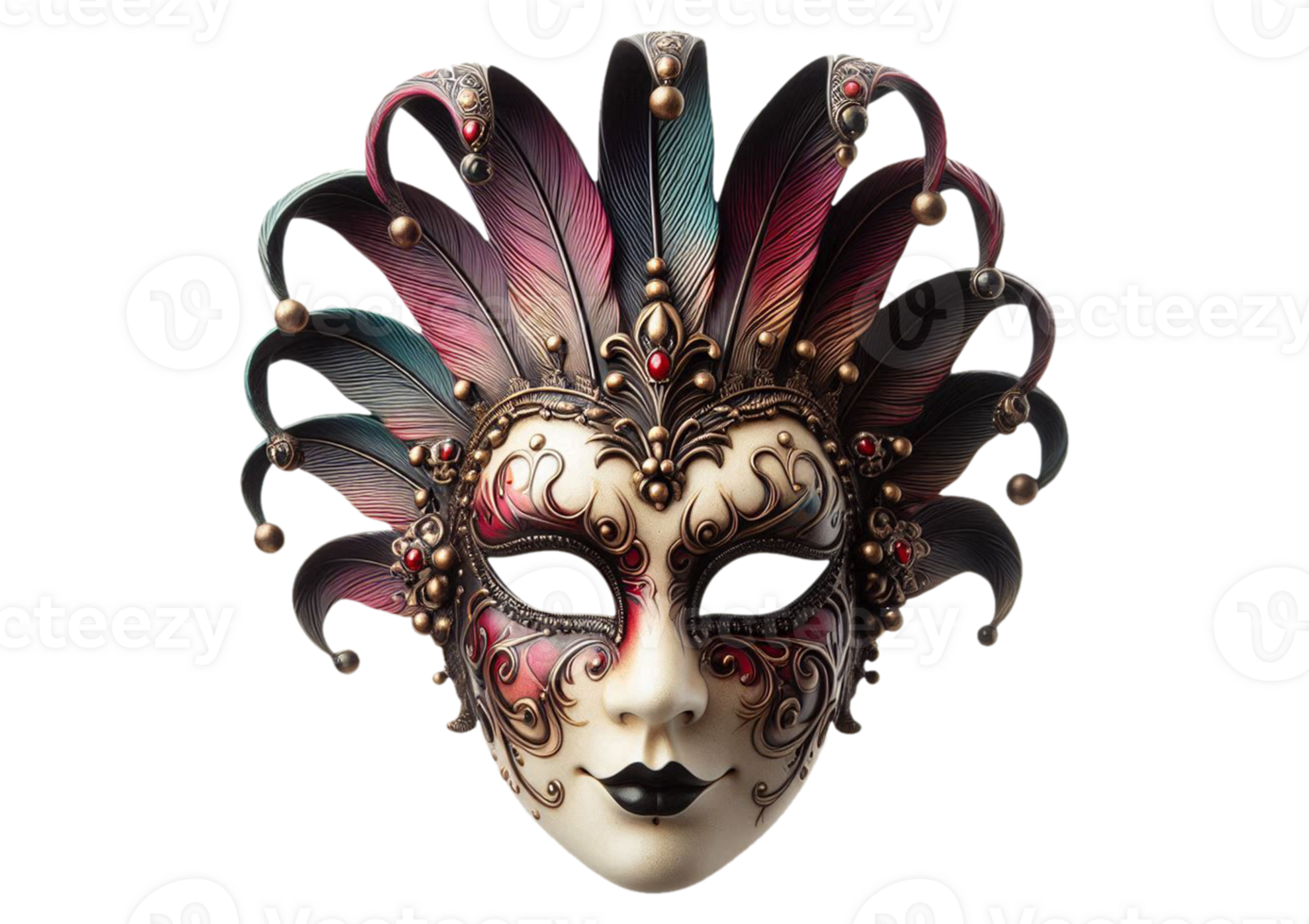 A venetian mask with feathers on the face png
