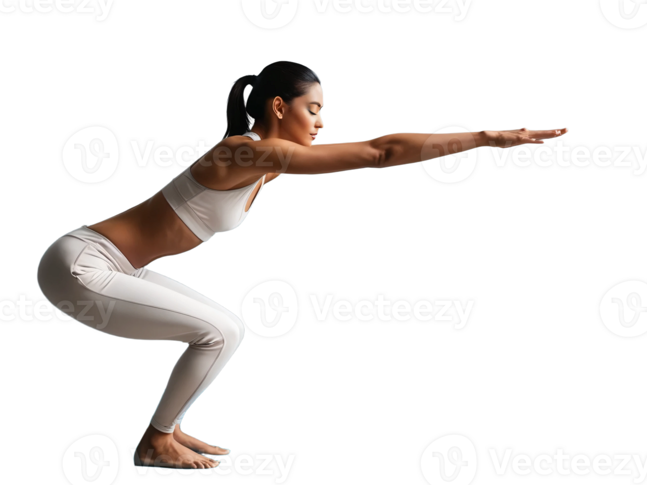 A woman in a white sports bra and leggings is doing a squat png