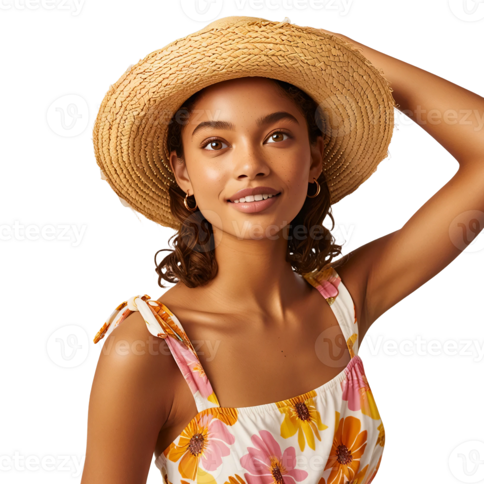 A woman wearing a hat and a floral dress png