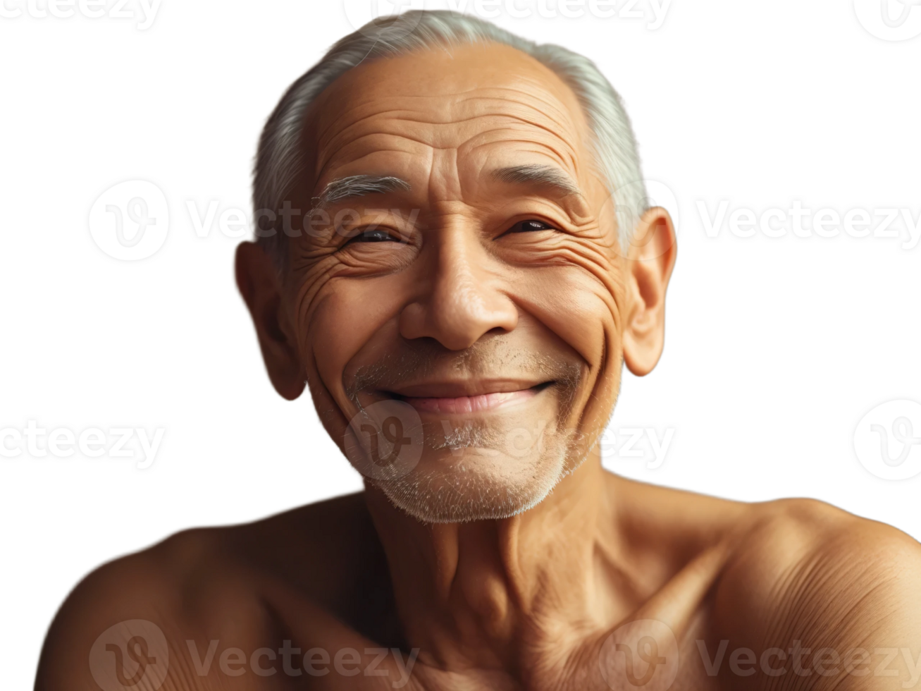 An older man with no shirt on smiling png