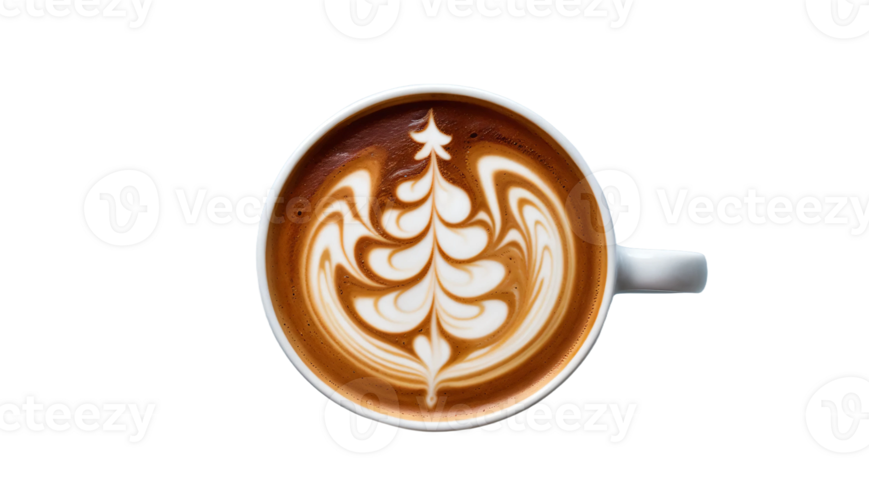 Cup of white cappuccino with Christmas tree shape latte art on transparent background png