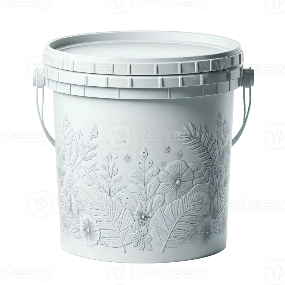 A white bucket with a floral design on it png