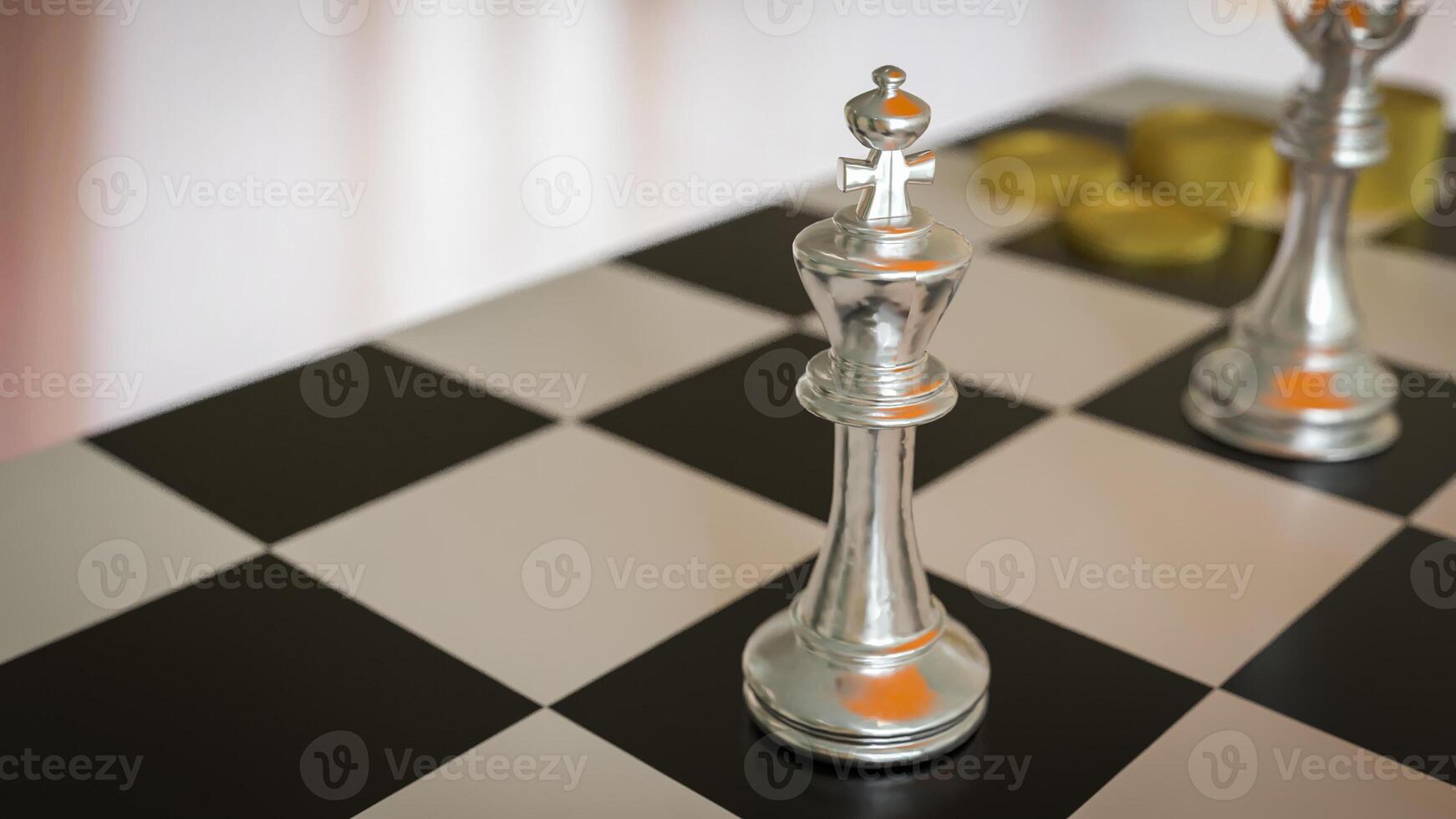 The Silver chess on Board for Business or Board game concept 3d rendering. photo