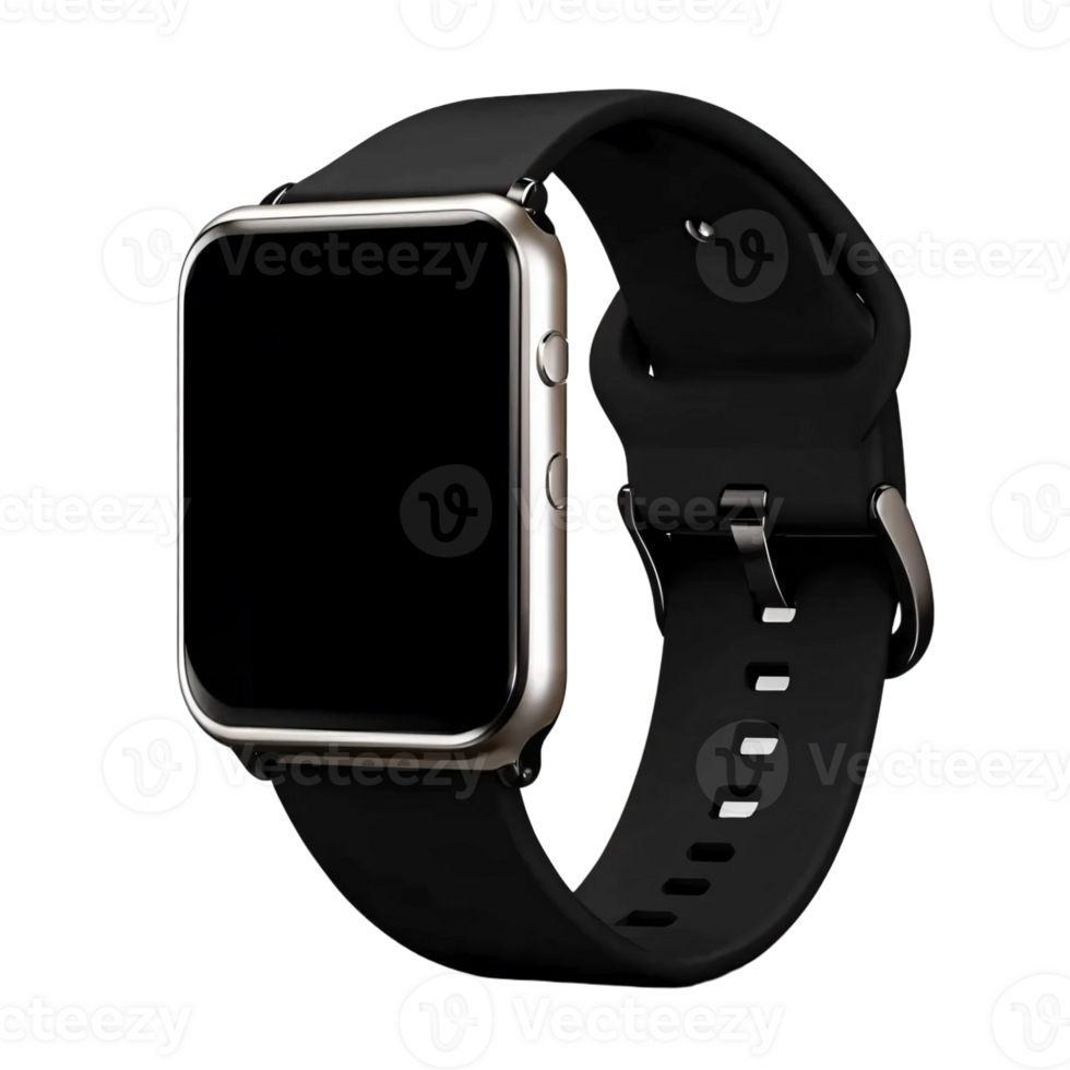 Wrist smart watch mockup with black strap on transparent background. png