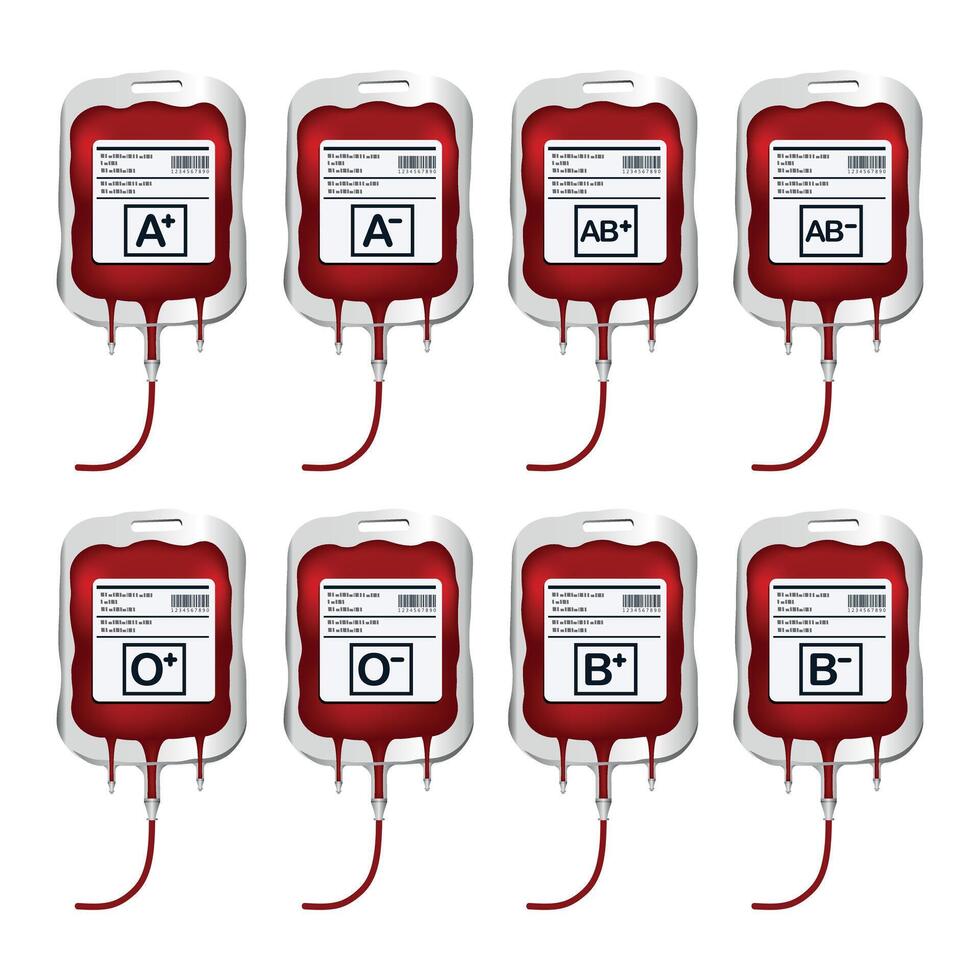 Blood bag with eight types of blood type labels A, B, O, AB blood donor 3D set illustration vector