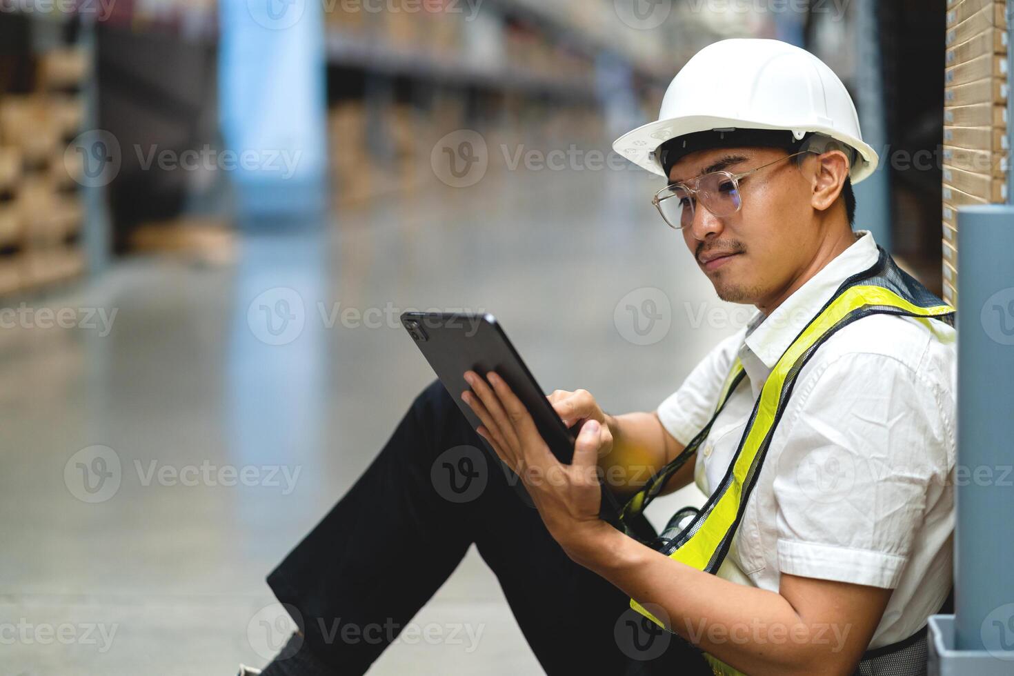 A man in a safety vest is sitting on the floor and using a tablet. He is wearing a hard hat and safety glasses photo