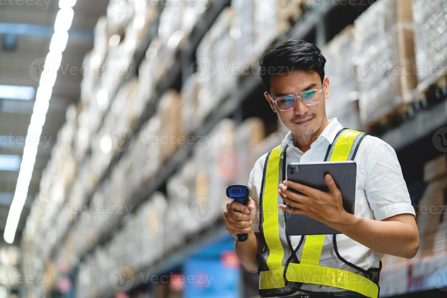 A man wearing a safety vest and glasses is standing in a warehouse, holding a tablet and a barcode scanner photo
