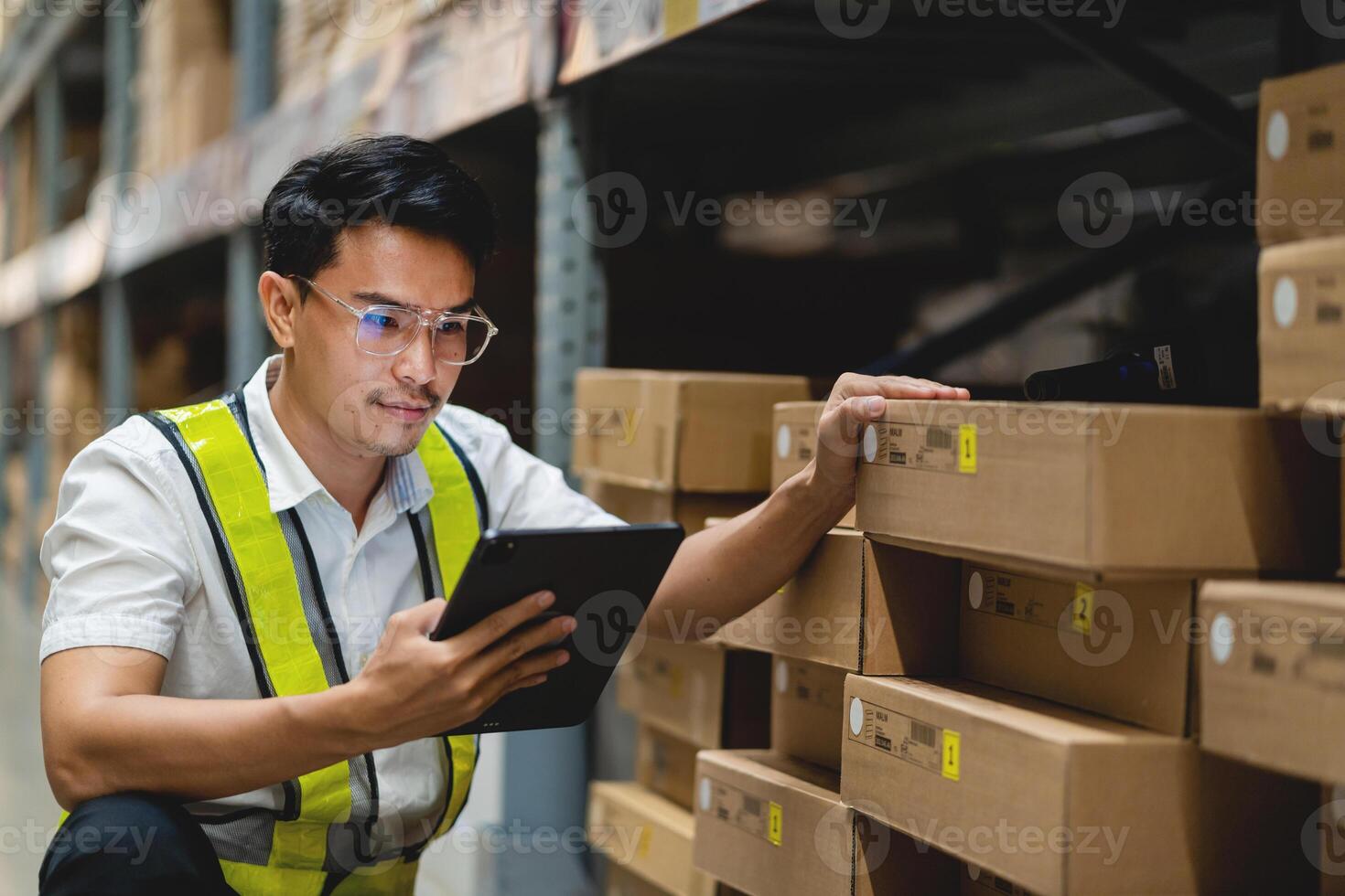 A man in a yellow vest is looking at a tablet while standing in a warehouse. He is wearing glasses and he is focused on the tablet photo