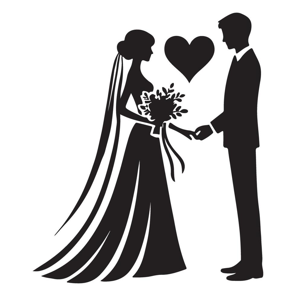 Wedding Couple Silhouette Illustration with Heart vector