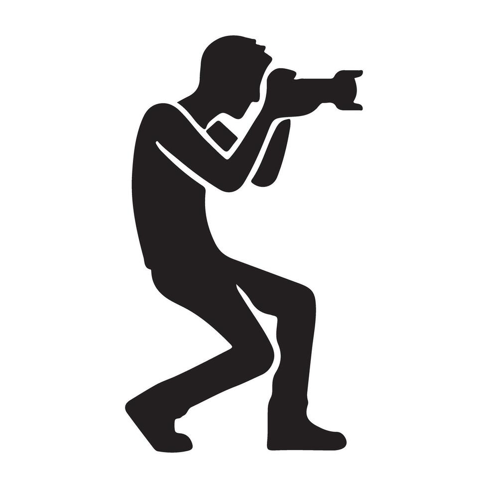 Silhouette of a Man Photographer in a Low Crouching Position vector