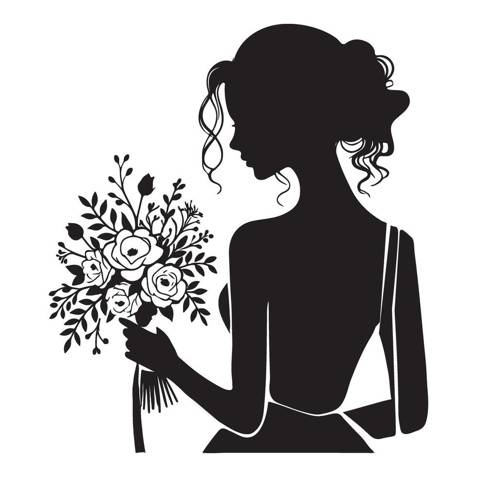 Silhouette of Bride Holding a Bridal Bouquet vector