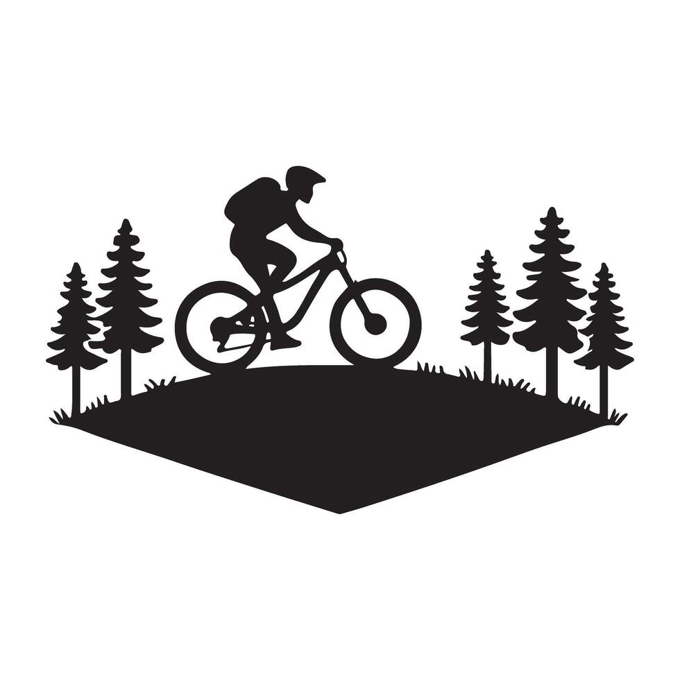 Mountain Biker Silhouette in a Pine Forest Landscape vector