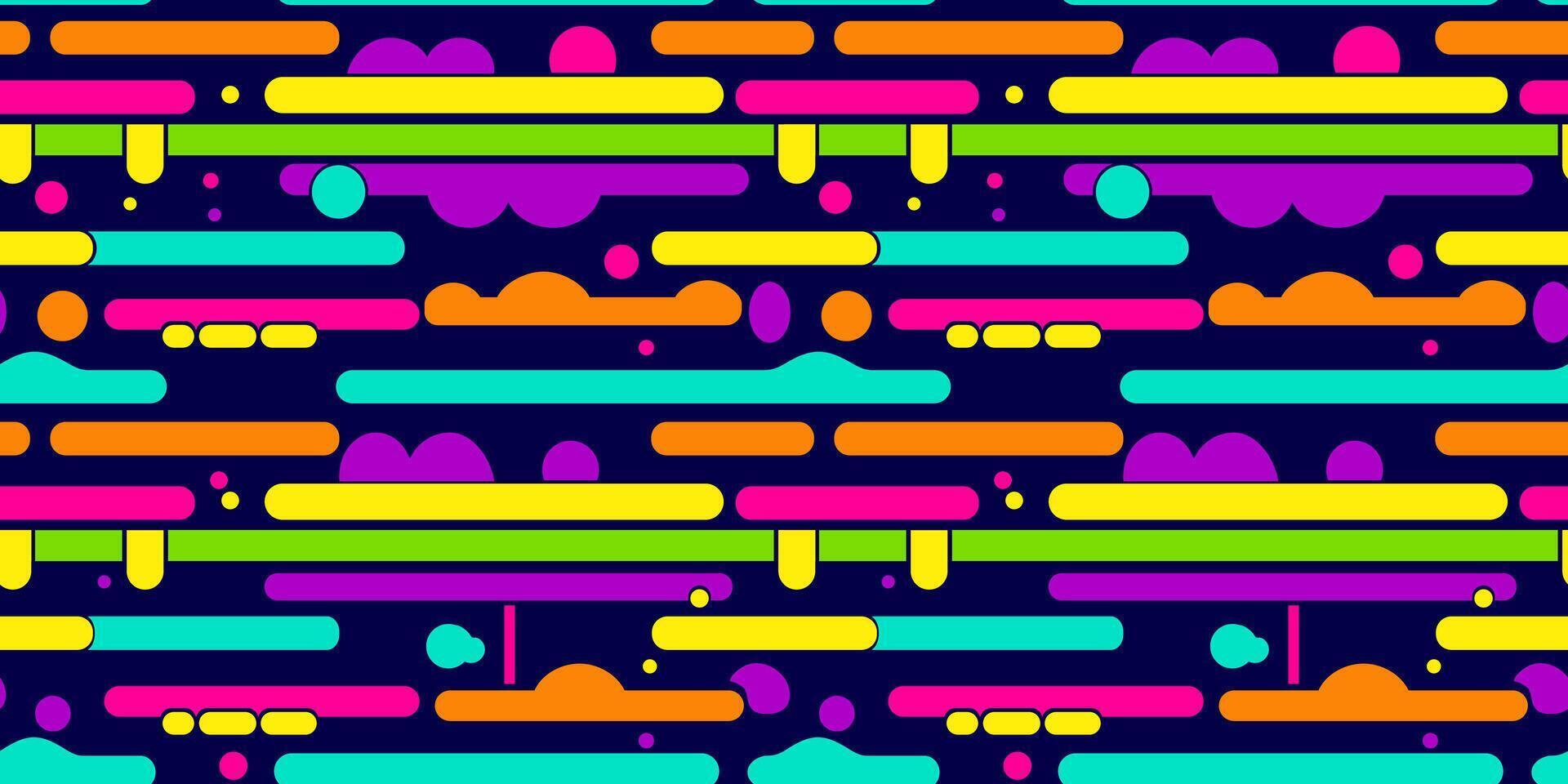 The Cute Colorful Horizontal Lines and Circle Sections on Dark Seamless Pattern vector