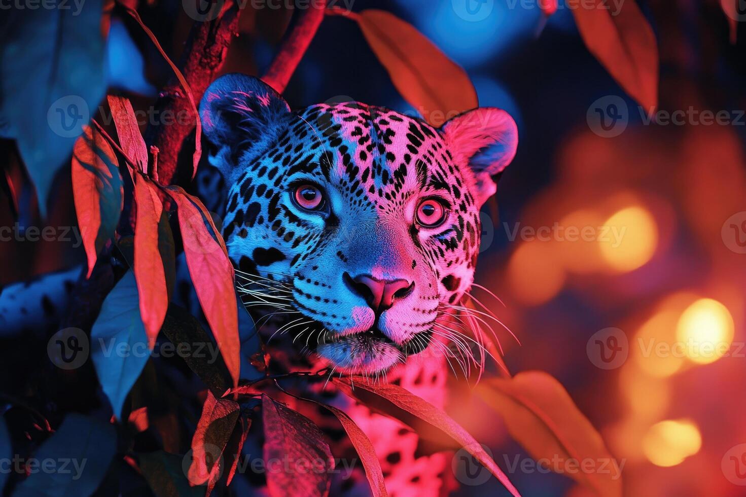 Jaguar hiding in the jungle at night with colorful neon lights photo